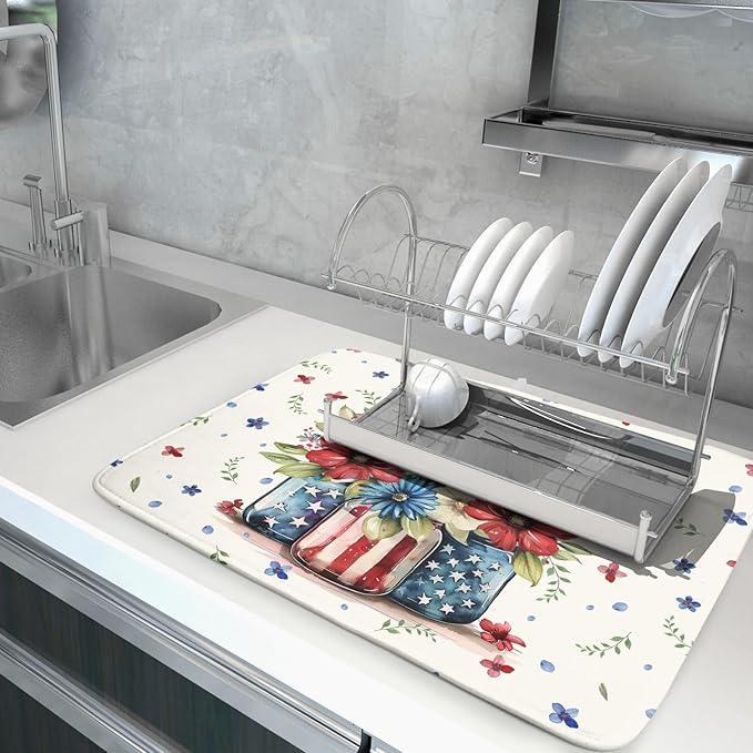 Giwawa American Patriotic Floral Dish Drying Mat Flower Vase Drainer Rack Mats 18"x24" Absorbent Microfiber Dish Dry Pad for Kitchen Counter Sink