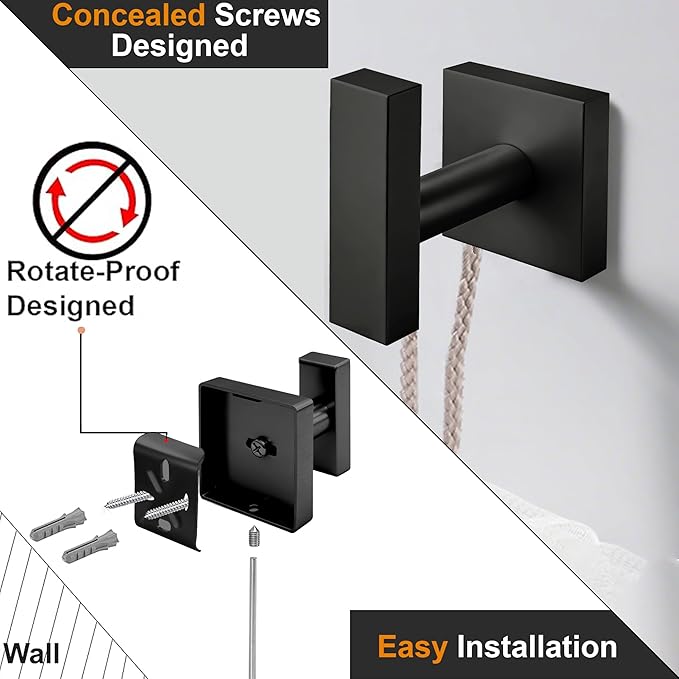 Matte Black Towel Hooks for Bathrooms, SUS304 Stainless Steel Shower Towel Hooks, Heavy Duty Robe Hook for Bathroom Kitchen, Square Coat Hooks for Hanging Towels,Coat,Robe&Sponge, Wall Mounted, 4Pack