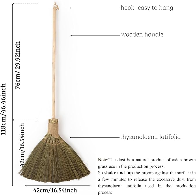 Handmade Whisk Sweeping Broom - Vietnamese Straw Soft Brooms - Large Long Broom with Wooden Handle - Brooms Decorative - 46.46 inch Length