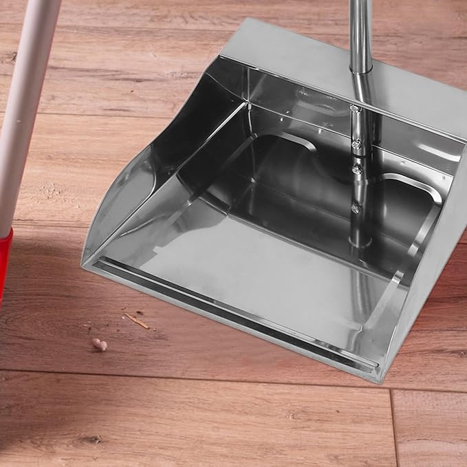 Stainless Steel Dustpan with Long Handle Large Heavy-Duty Garbage Shovel Standing Sweeper for Indoor Outdoor Commercial and Home Cleaning Tasks