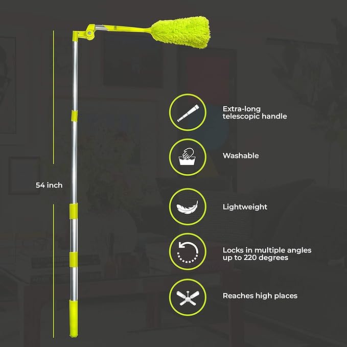 Microfiber Ceiling Fan Duster and Cleaner, with Long extendable for high Ceiling,1 Pack, 54 inches - with Bendable Extension, Perfect dusters for Cleaning Bright Green