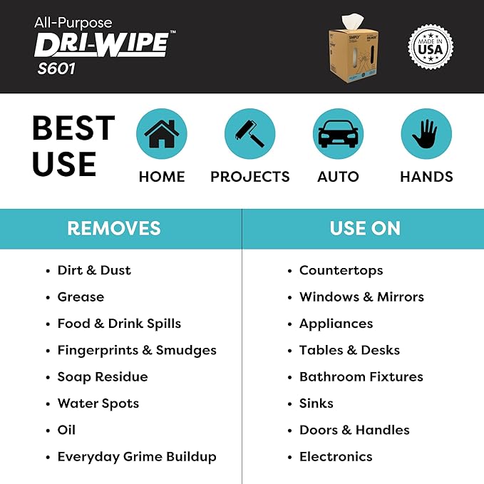 Dri-Wipe S601 by SMPLY Brands – All-Purpose Disposable Cleaning Wipes, 252 Wipes, Strong Alternative to Shop Towels & Paper Towels, 10" x 15" Center-Pull Sheets