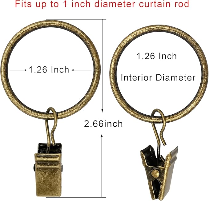 90 Pack Curtain Rings with Clips, Drapery Clips with Rings, Drapes Rings 1.26 in Interior Diameter, Fits up to 1 in Curtain Rod, Bronze