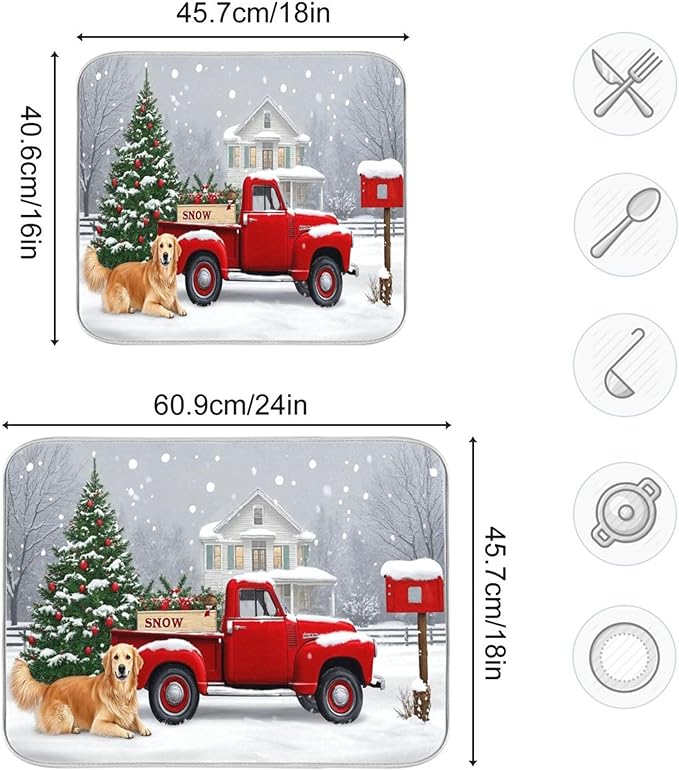 Christmas Tree Truck Dish Drying Mat for Kitchen Countertop 18x24 Winter Snow Poinsettia Golden Retriever Large Drying Mat Reusable Quick Dry Dish Sink Mats Easy Clean Decorative Essentials