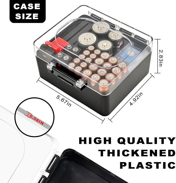 FULLCASE Plastic Battery Organizer with Tester, Battery Storage Case for AA AAA C D 9V Batteries, Portable Battery Holder Box for Home, Travel & Emergency Kits(Case Only) Black