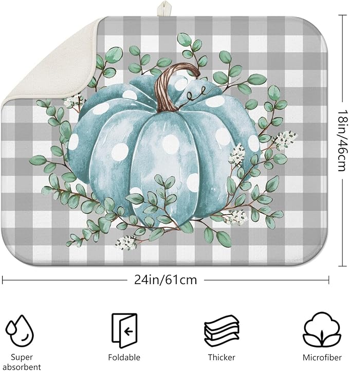 Fall Dish Drying Mat for Kitchen Counter,Buffalo Plaid Blue Pumpkin Pattern Microfiber Drying Mat,Washable Absorbent Kitchen Countertop Harvest Thanksgiving Dish Mat Drain Mat,18x24 Inch