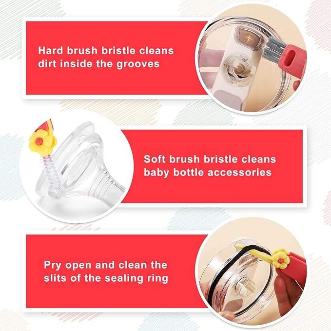 3pcs Silicone Straw Brush and Cup Lid Cleaning Brush, Ultra Long Straw Cleaning Brush Reusable Bendable Silicone Straw Cleaner Pipe Brush Cup Lid Cleaner for Cleaning Bottles Straws (6mm+8mm, Red)
