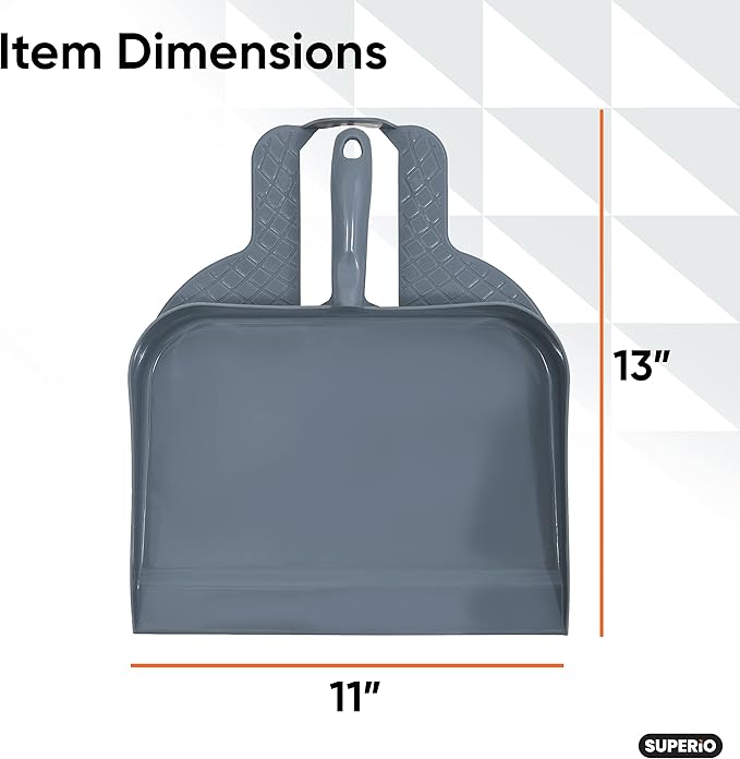 Superio Heavy Duty Plastic Step-on Dustpan with Comfort Grip Handle Grey, Durable, Lightweight Multi Surface Dust Pan Easy Broom Sweeping, 10-inch Wide, 2-Pack
