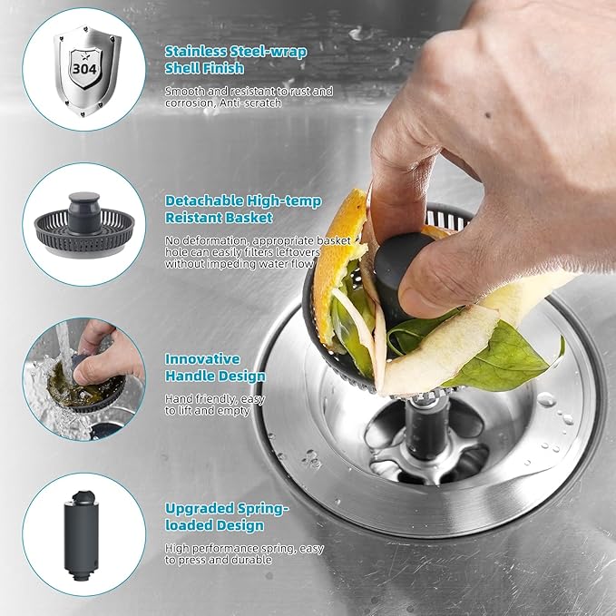 Hibbent Universal 3 in 1 Metal Kitchen Sink Drain Strainer, Upgraded Stainless Steel Drain Stopper Combo, Pop Up Sink Stopper, 3 Anti-Clogging Basket Strainers with Handle for US Standard 3-1/2" Drain