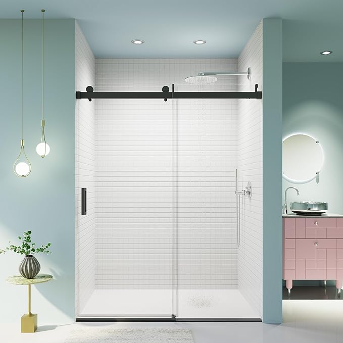 56-60" W x 76" H Frameless Soft-Close Sliding Shower Door, 3/8" (10mm) SGCC Tempered Glass, Reversible Install, Matte Black Finish, Elegant Bathroom Upgrade