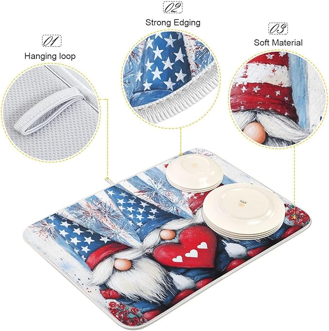 Three Cute Gnomes Pattern Dish Drying Mat for Kitchen Counter Super Absorbent Drying Mat 16x18 inch Large Dish Drying Matts for Countertop Protector Dishes Pad