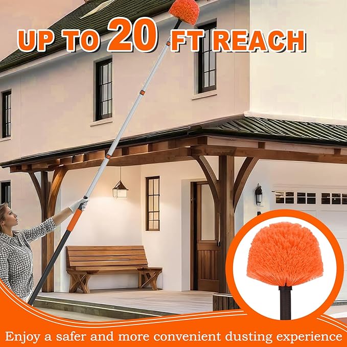20FT Reach Cobweb Duster with Extension Pole, High Ceiling Long Duster with 3-12FT Telescoping Pole, Spider Web Brush for Indoor Outdoor Use
