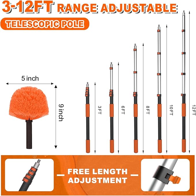 20FT Reach Cobweb Duster with Extension Pole, High Ceiling Long Duster with 3-12FT Telescoping Pole, Spider Web Brush for Indoor Outdoor Use