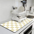 Dish Drying Mat for Kitchen Counter, 17’’ X 32’’ Absorbent Coffee Mat, Checkered Coffee Bar Mats for Espresso Machine Station, Hides Stains, Rubber Backed Dish Drying Pad, Beige & White