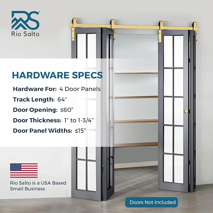 Rio Salto Gold Bifold Sliding Barn Door Hardware Kit Heavy Duty Metal Track System with Matching Knobs Gold Bi-Fold Barn Door Bifold Closet Panel, Bi-Folding 64" Track for 4 Doors, 4 Rollers No Door