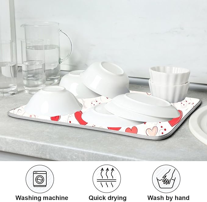 Happy Valentine’s Day Dish Drying Mat for Kitchen Countertop 18x24 Love Heart Red Pink Large Drying Mat Reusable Quick Dry Dish Sink Mats Easy Clean Decorative Essentials