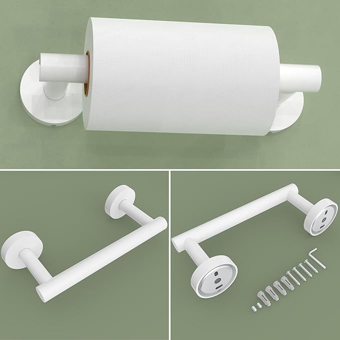 White Toilet Paper Holder & Towel Ring SUS304 Stainless Steel 2pc Bathroom Hardware Set with Double Post Pivoting Toilet Paper Roll Holder Wall Mount & Bathroom Towel Holder Set