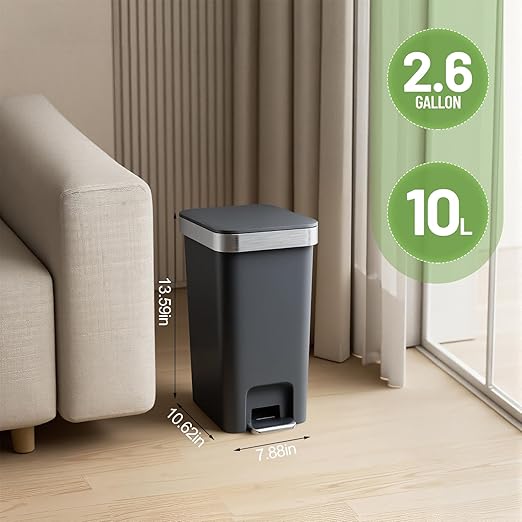Bathroom Trash Can with Lid, 2.6 Gallon /10 Liter Small Garbage Can, Press Top Bin & Step Metal Pedal Trash Bin Plastic Wastebasket for Bedroom, Office, Kitchen, Dorm (Black Gray)