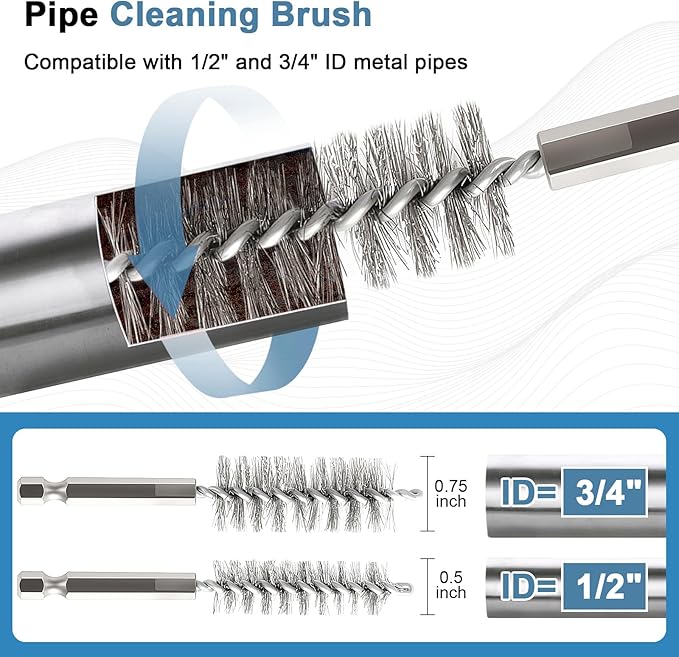 1/2" & 3/4" Copper Pipe Cleaner Set for Drill, with 1/4" Hex Shank & 6 Brush Blades & 2 Pipe Cleaning Brush, Plumbing Tools for Removing Rust, Stains & Paint from Copper & Metal Pipes, Blue