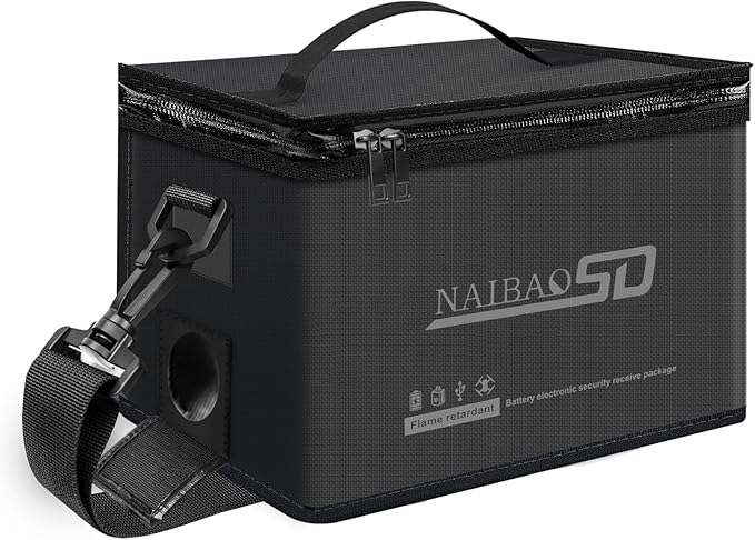 Fireproof Explosionproof Lipo Battery Bag for Lipo Battery Storage and Charging, Large Capacity Fire Resistant Detachable Shoulder Strap with Double Metal Zipper (11 x 8 x 6.5 in)