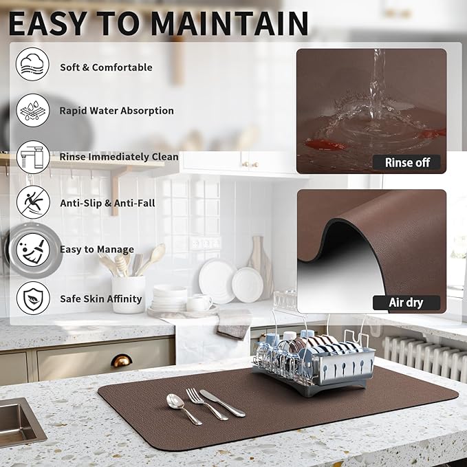 Dish Drying Mat for Kitchen Counter, Heat Resistant Drainer Mats with Non-slip Rubber Backed, Hide Stain Kitchen Super Absorbent Draining Mat, Easy to Clean Dish Rack Pad, Brown 16"x18"
