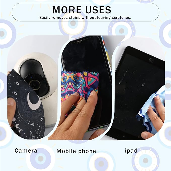 Glasses Cleaning Cloth, 4PC Microfiber Lens Cloth Keychain,Positive Energy Balance - Evil Eye, Mandala , Sun Moon, Divination Symbols for Positive Aura, Protection & Focus, Double Sided Printing