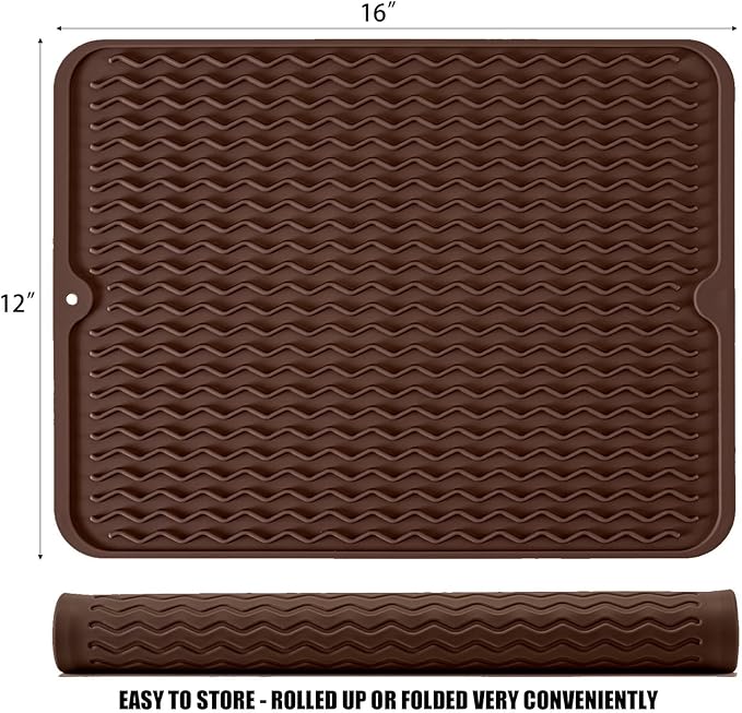 Silicone Dish Drying Mat, Non-Slip Easy Clean Sink Mat Large Heat-resistant Dish Drainer Mat for Kitchen Counter, Sink, Refrigerator or Drawer liner (16" x 12", COFFEE)