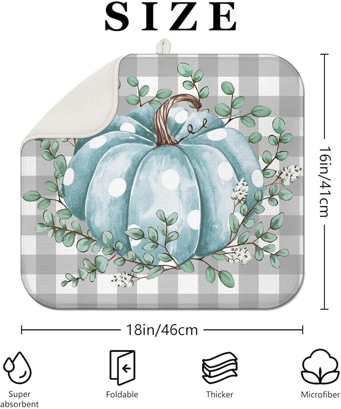 Fall Dish Drying Mat for Kitchen Counter,Buffalo Plaid Blue Pumpkin Pattern Microfiber Drying Mat,Washable Absorbent Kitchen Countertop Harvest Thanksgiving Dish Mat Drain Mat,16x18 Inch