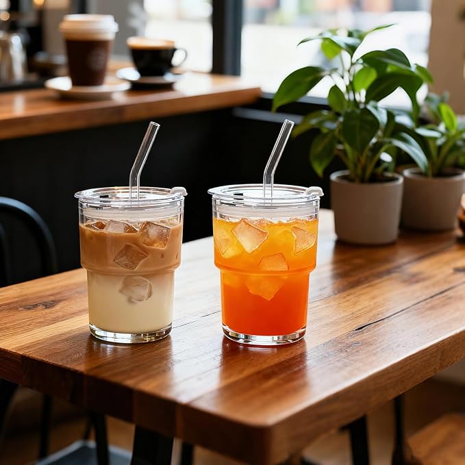 13oz Glass Tumbler with Lid and Glass Straw Set of 2 – Thick-Walled Iced Coffee Cup, Reusable Clear Glass Cups for Water, Iced Tea, Coffee, Juice, Perfect for On-the-Go & Daily Use