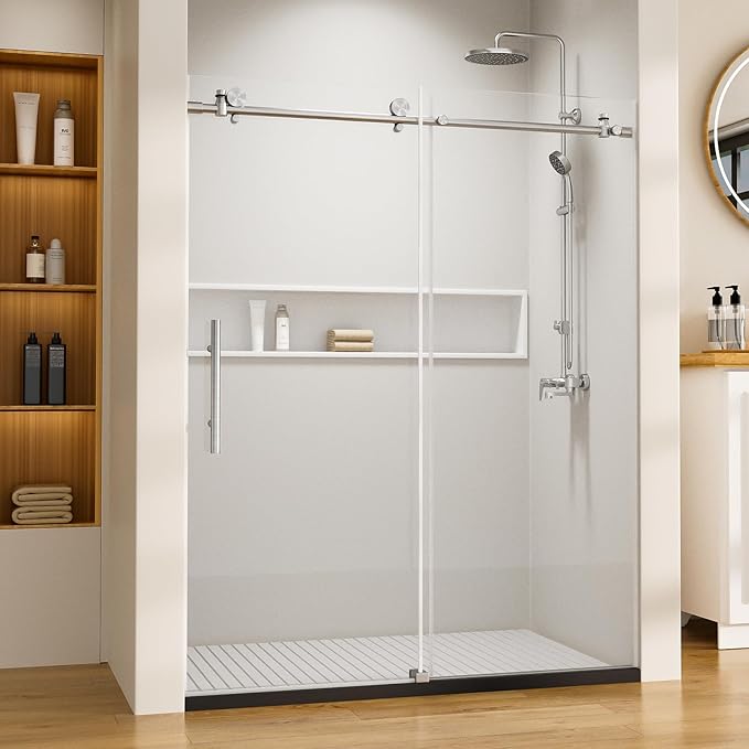 Zenith Shower Door,60 in W x 74 in H Frameless Shower Door with Handle and Seal Strip for Waterproof, 8mm Thickness Glass with Anti Explosion Film and SGCC Certificate,Brushed Nickel
