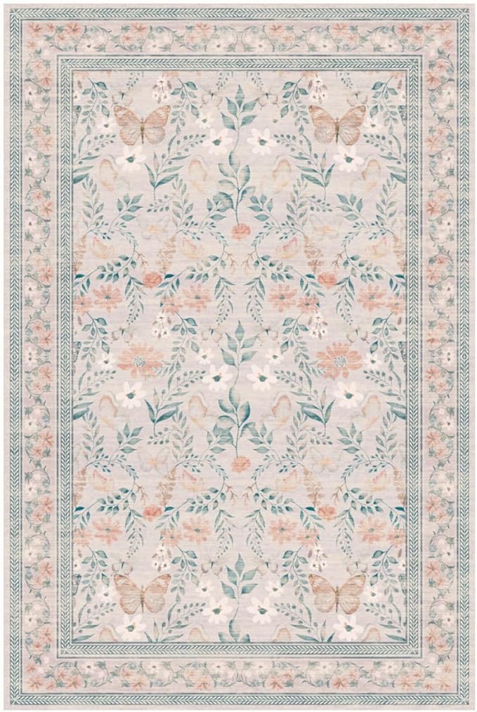 Pink Floral 5x7 Washable Area Rug, Vintage Boho Non Slip, Low Pile Rugs for Bedroom,Girls Nursery Kids Room,Dining Room,Livingroom(Coral 5x7ft)
