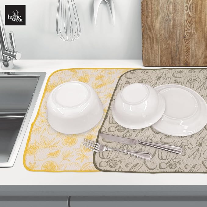 2 Pack Printed Dish Drying Mats for Kitchen, Super Absorbent Polyester, 15 x 20 inches, Countertop Sink, Machine Washable, Veggies & Lemon