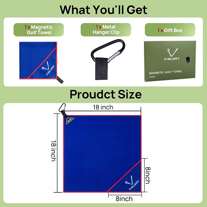 Magnetic Golf Towel for Bag 18" x 18" with Clip Exclusive Cleaning Pocket Microfiber Waffle Ultra Absorbent Club Ball Cleaner, Essential Golf Accessories and Gifts for Men Women(Blue 1 Pack)