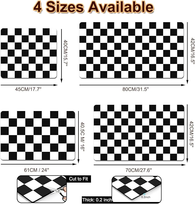Dish Drying Mat for Kitchen, 16'' x 24'' Coffee Bar Mat for Countertops, Checkered Coffee Station Mats with Non-slip Rubber Backed, Absorbent Dish Dying Mat for Kitchen Counter, Black & White
