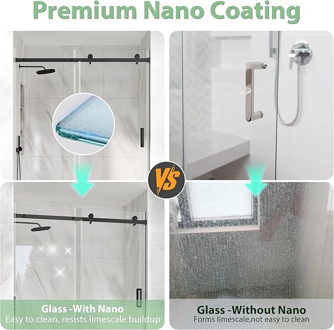 KPUY Frameless Shower Door, 49-54" W x 76" H Sliding Glass Shower Door, 1/4" (6mm) Thick Tempered Clear Glass with Explosion-Proof Film Nano Coating in Matte Black Finish