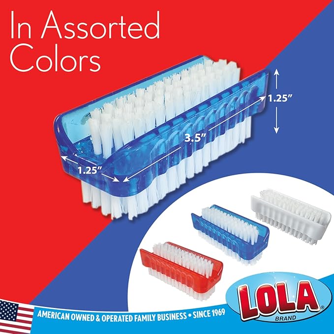 LOLA Classic Hand & Nail Brush, 2 Sided - 3 Pack, Soft & Stiff, Comfortable No-Slip Grip, Cleans Hands & Fingernails, Assorted Colors