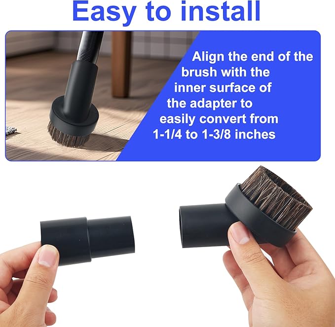 3pcs Horse Hair Brush Vacuum Attachments, 1.25'' Black Round Dust Brush Replacement with 1-1/4'' to 1-3/8'' Hose Adapter Tool for Hard-to-Reach Areas, Most Vacuum Cleaners Accessories