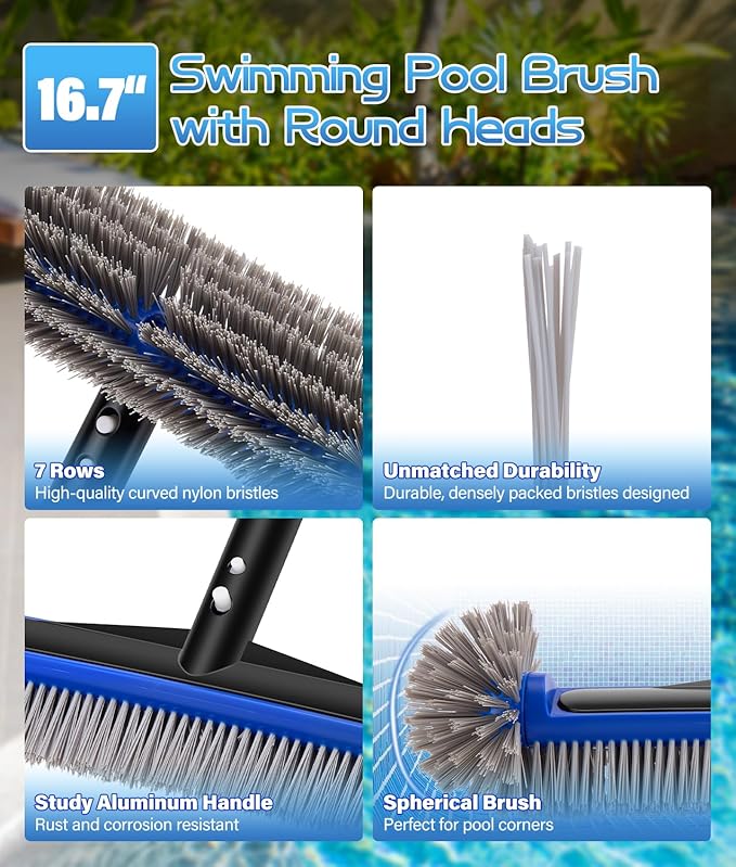 16.7'' Swimming Pool Brush Head with Round Ends, EZ Clip Aluminum Handle, Heavy Duty Pool Brushes for Clean Swimming Pools Faster, Extra Corner Brush Head for Clean Pool Steps & Corners