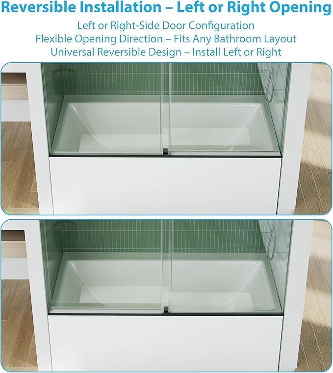 Bathtub Shower Door, 60" W x 59" H Sliding Shower Door for Standard 60 Inch Bathtubs, 1/4" (6mm) SGCC Tempered Glass with Matte Black Finish and 304 Stainless Steel Hardware