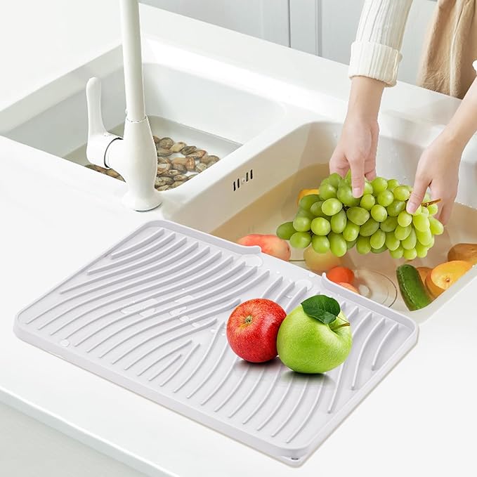 Silicone Dish Drying Mat, Large Dish Kitchen Drying Mat, White Heat Resistant Dish Drying Pad for Kitchen Counter with Built-in Drain (20" x 15")
