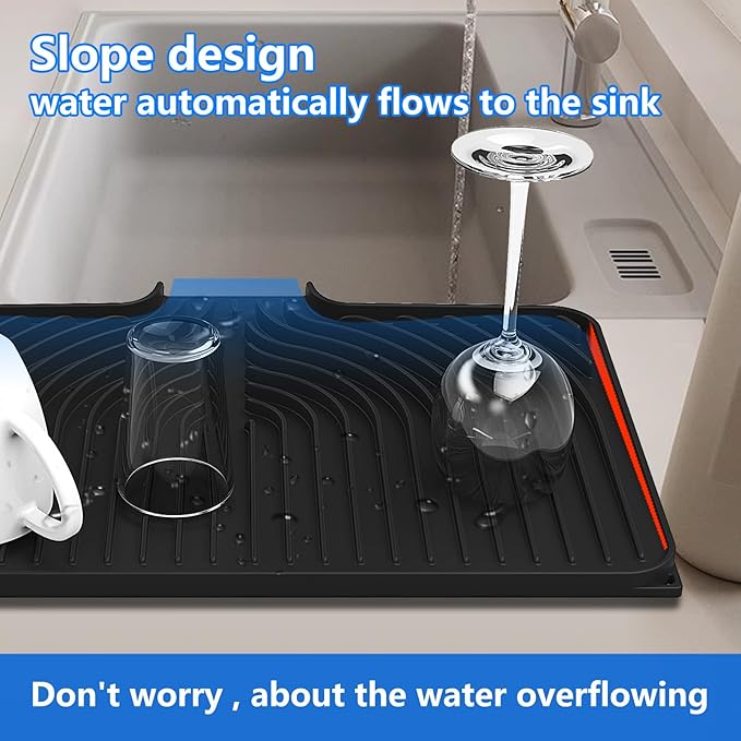 Dish Drying Matt for Kitchen Counter,10"14"18"20"Silicone Dry Rack Mat with Built in Drain, Kitchen Dry Mats for Dishes Drying Pad for Counter(18"×12"black)