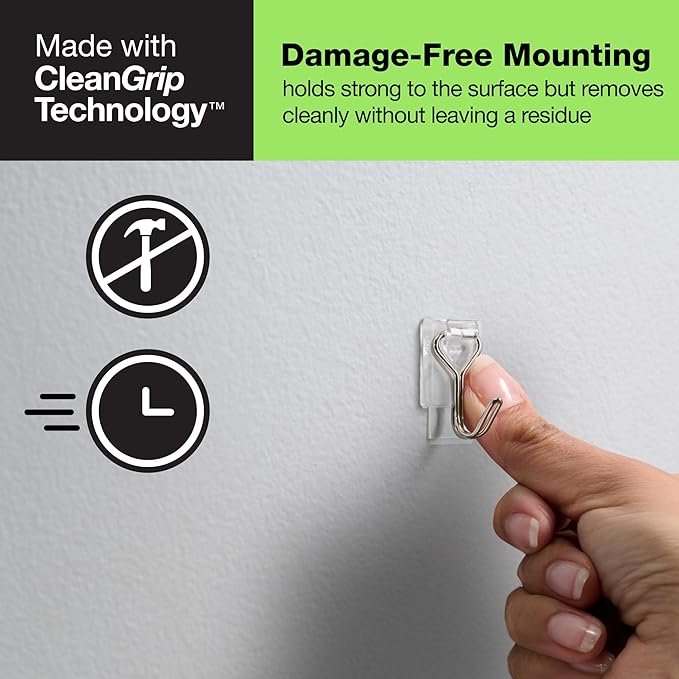 FrogTape reMOVEables Damage Free Adhesive Hook - Removable & Reusable Small Wire Wall Hooks for Hanging - No Nails - Includes 9 Hooks & 12 Adhesive Strips - Holds up to 0.5 lb - Clear (Pack of 9)