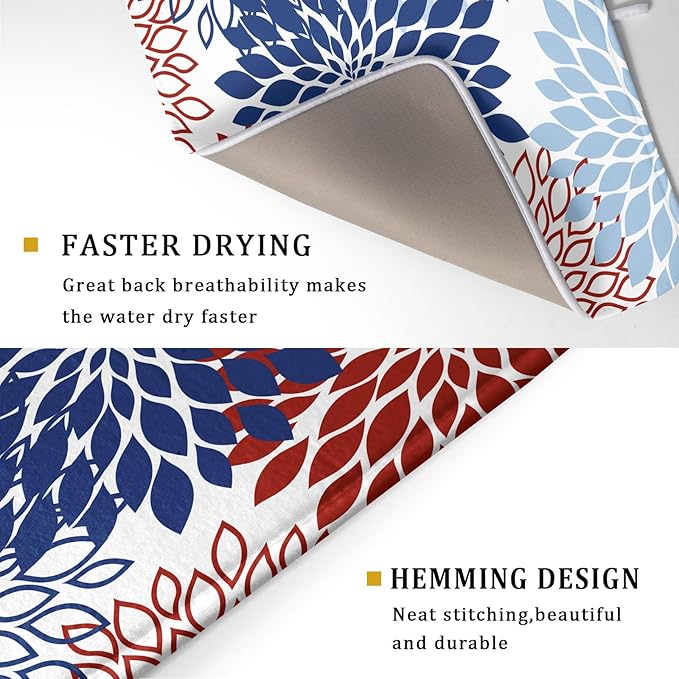 Khope 4th of July Dish Drying Mat for Kitchen Counter 18x24 Inch Patriotic Themed Navy Blue Red White Dahlia Floral Reusable Washable Modern Geometry Flower Drying Pad Countertop Home Decor
