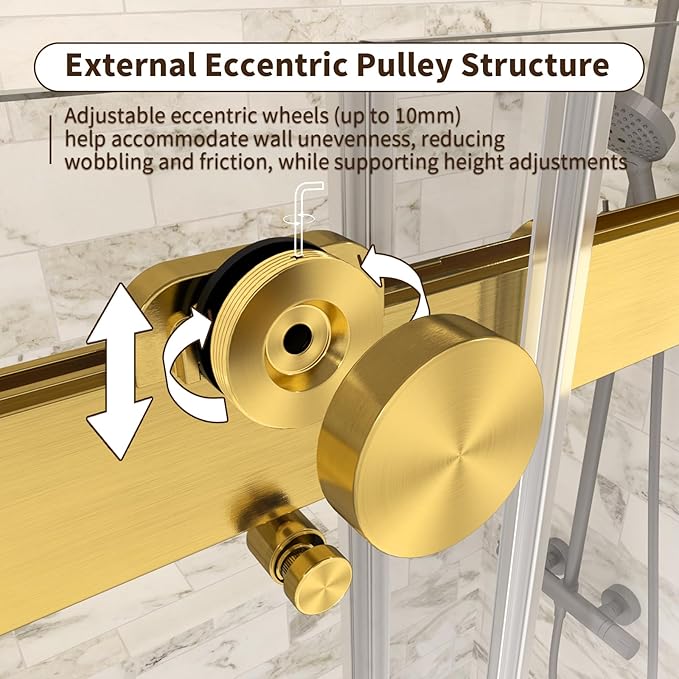 Frameless Shower Door,56-60" W x 74" H Double Sliding Shower Doors with Soft Close System,5/16" (8mm) SGCC Tempered Clear Glass Shower Door,Explosion-Proof Film Nano Coating,Brushed Gold