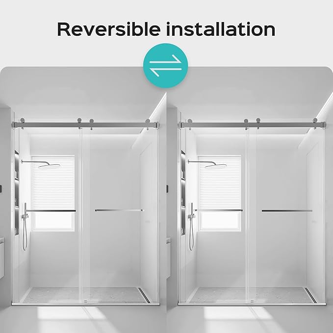 56''-60''W x 76''H Frameless Double Sliding Shower Door, 3/8'' (10mm) Thick SGCC Tempered Glass, Reversible Installation, Easy Clean Design, Chrome