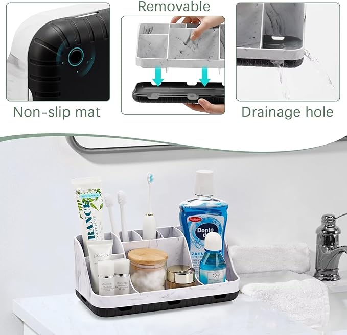 Marble Bathroom Countertop Organizer - Detachable 7 Slots Kids Electric Toothbrush and Toothpaste Holde Drainage for Bathroom Accessories Organization Counter Vanity Storage, Black