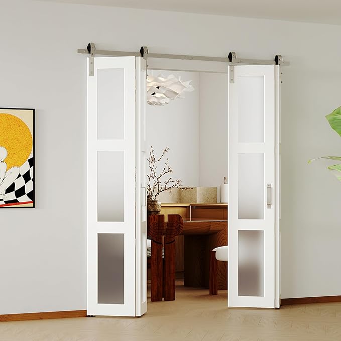 Bifold Closet Doors, 30"（15" x2） x 84", 3 Lites Frosted Glass Bifold Door with Brushed Nickel Sliding Hardware Kit Set, Pre-drilled Bi fold Barn Door Slab, 2.83FT Track for 2 Doors