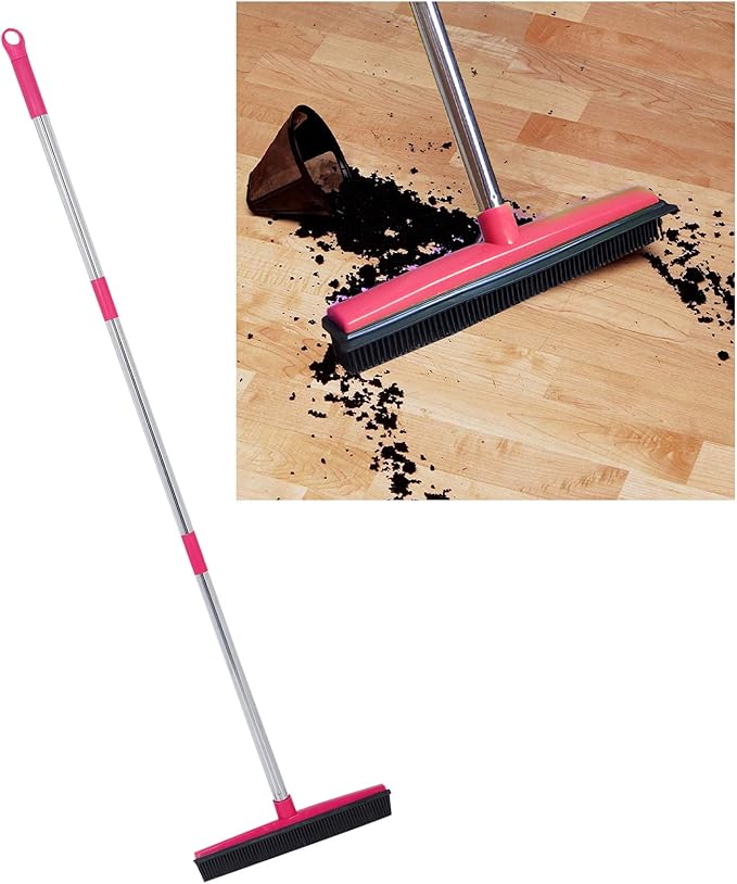 Carpet Hair Removal Broom with 48'' Telescoping Adjustable Handle, Rubber Broom Carpet Rake for Pet Hair Dust Removal Daily Household Cleaning(Pink)
