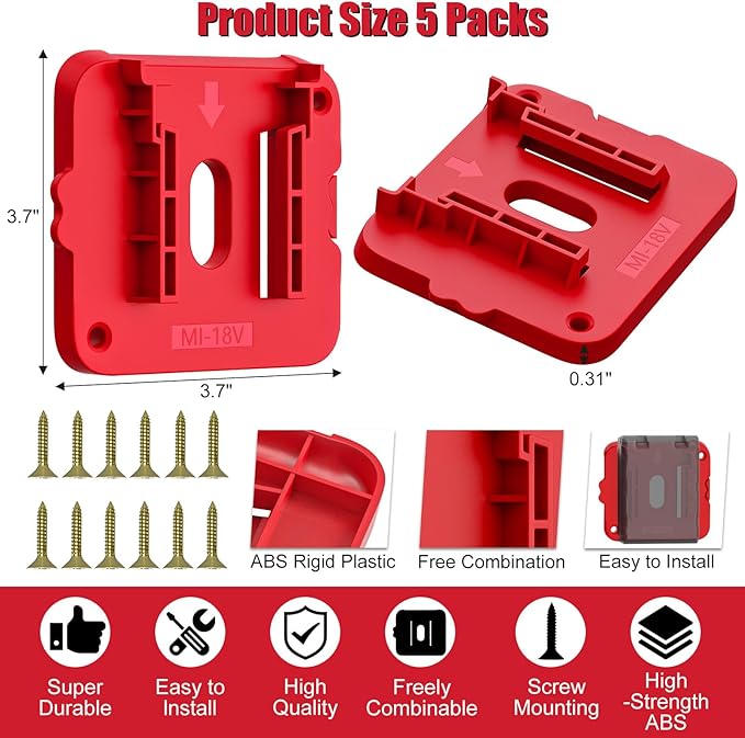 Battery Holder Compatible for Milwaukee 18V Battery, Wall Mount Batteries Storage for Work Van, Shelf, Toolbox - 5 Pack