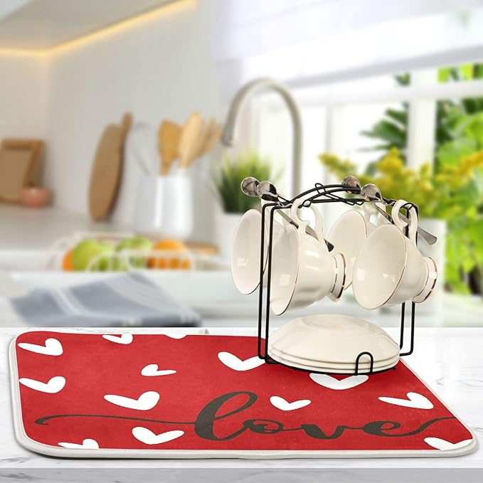 Happy Valentine's Day Dish Drying Mat for Kitchen Red White Love Heart Microfiber Drying Mats Absorbent Reversible Dish Pad Medium Dish Draining Mat 16x18 inch